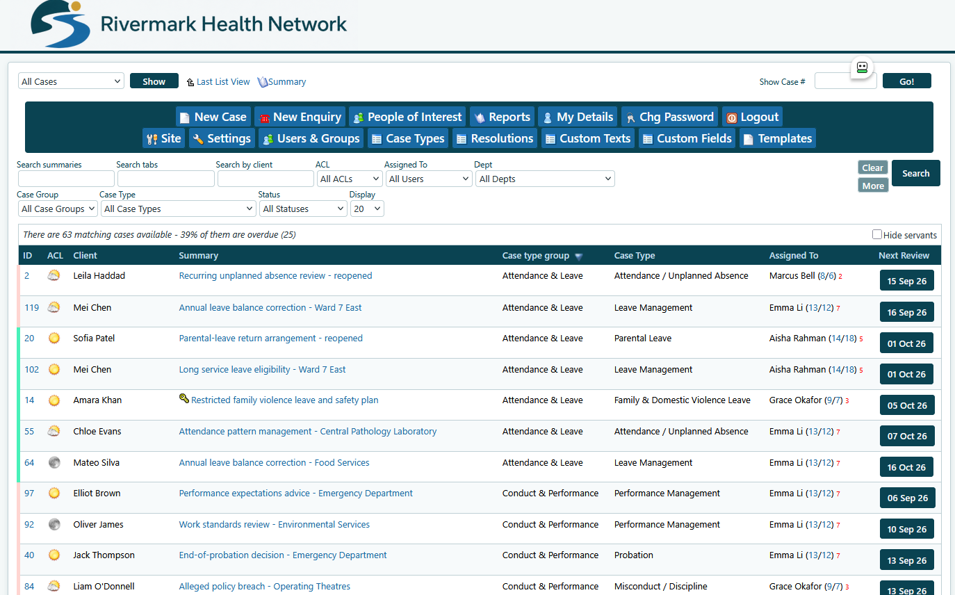 OpenCaseTracker case list showing workplace cases, case types, departments, status, review dates, search controls and administration tools